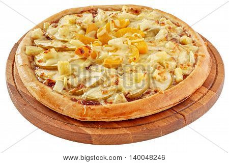 Fruit pizza with cherry jam, pineapple, peaches, apples and cream cheese