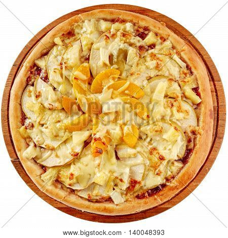 Fruit pizza with cherry jam, pineapple, peaches, apples and cream cheese