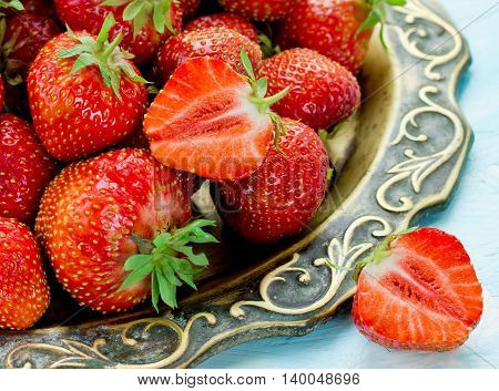 Juicy fresh ripe red strawberries selective focus