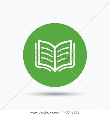 Book icon. Study literature sign. Education textbook symbol. Flat web button with icon on white background. Green round pressbutton with shadow. Vector