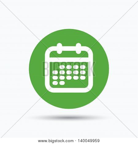Calendar icon. Events reminder symbol. Flat web button with icon on white background. Green round pressbutton with shadow. Vector