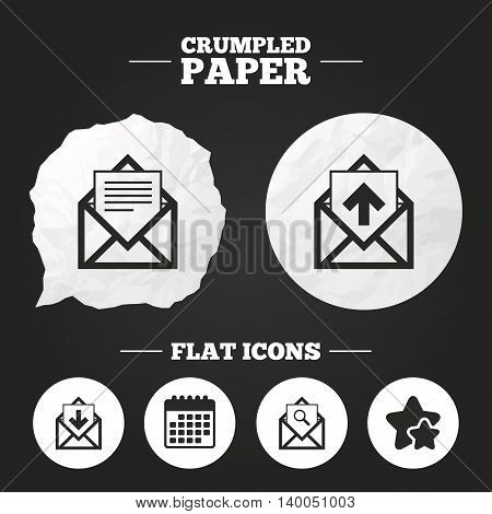 Crumpled paper speech bubble. Mail envelope icons. Find message document symbol. Post office letter signs. Inbox and outbox message icons. Paper button. Vector