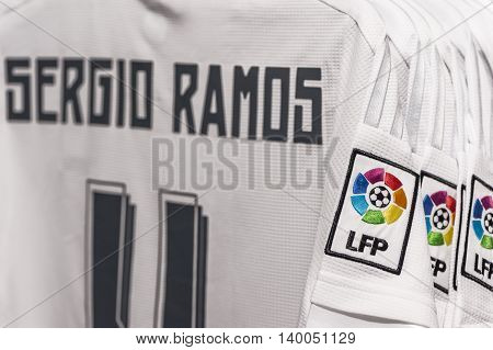 MADRID,SPAIN-MAY 2016: Sergio Ramos t-shirt in the official FC Real
Madrid store
