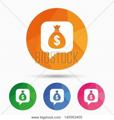 Money bag sign icon. Dollar USD currency speech bubble symbol. Triangular low poly button with flat icon. Vector