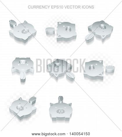Banking icons set: different views of flat 3d metallic Money Box With Coin icon with transparent shadow on white background, EPS 10 vector illustration.