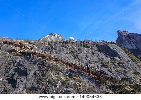Ranau,Sabah-March 13,2016:Wooden stairs up to summit of mountain Kinabalu.The new Mount Kinabalu Summit Trail,Ranau trail was officially opened to climbers from all over the world on 1st Dec 2015.