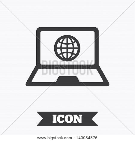 Laptop sign icon. Notebook pc with globe symbol. Graphic design element. Flat notebook symbol on white background. Vector