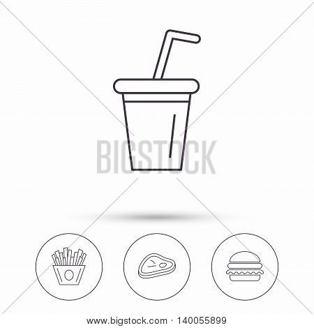 Hamburger, meat and soft drink icons. Chips fries linear sign. Linear icons in circle buttons. Flat web symbols. Vector