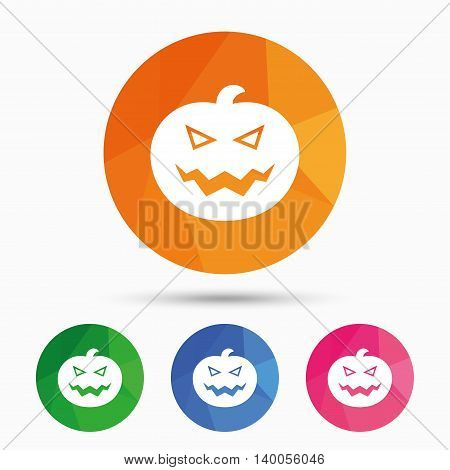 Halloween pumpkin sign icon. Halloween party symbol. Triangular low poly button with flat icon. Vector