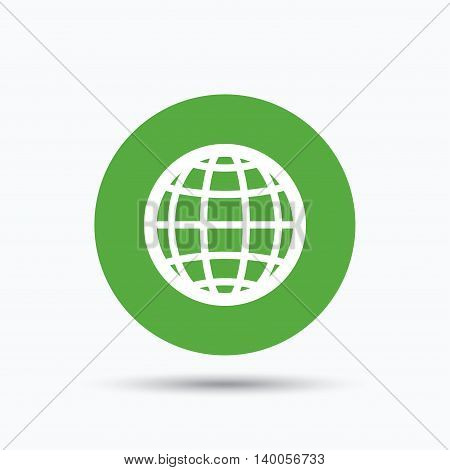 Globe icon. World or internet symbol. Flat web button with icon on white background. Green round pressbutton with shadow. Vector