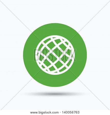 Globe icon. World or internet symbol. Flat web button with icon on white background. Green round pressbutton with shadow. Vector