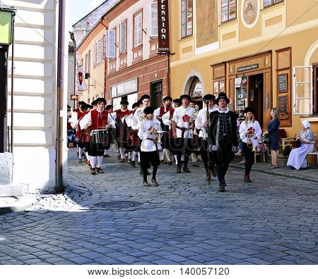 CESKY KRUMLOV, CZECH REPUBLIC - JUNE 18, 2016: Five-petalled Rose Festival on bystreet in Cesky Krumlov