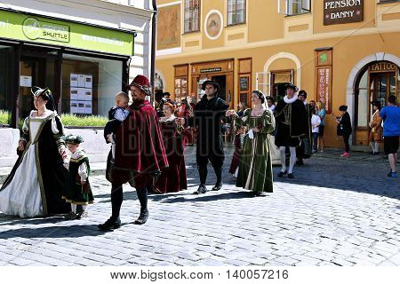 CESKY KRUMLOV, CZECH REPUBLIC - JUNE 18, 2016: Five-petalled Rose Festival on bystreet in Cesky Krumlov