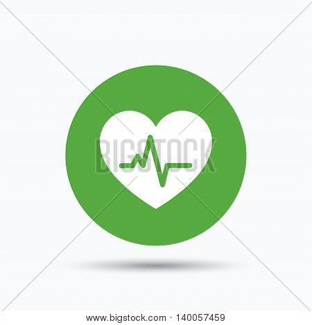 Heartbeat icon. Cardiology symbol. Medical pressure sign. Flat web button with icon on white background. Green round pressbutton with shadow. Vector