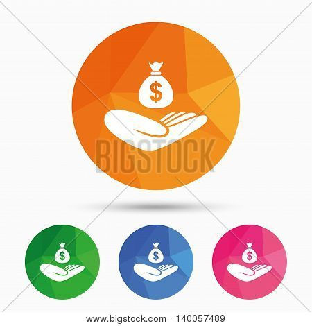 Money insurance sign. Hand holds cash bag in Dollars symbol. Triangular low poly button with flat icon. Vector