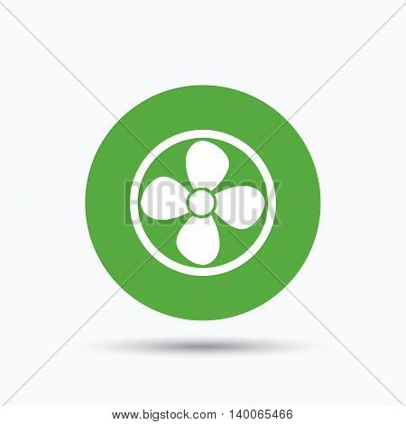 Ventilation icon. Air ventilator or fan symbol. Flat web button with icon on white background. Green round pressbutton with shadow. Vector
