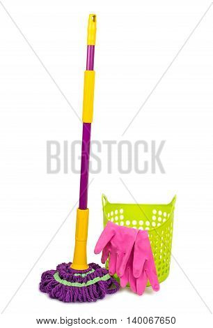Mop plastic bucket and rubber gloves isolated on white