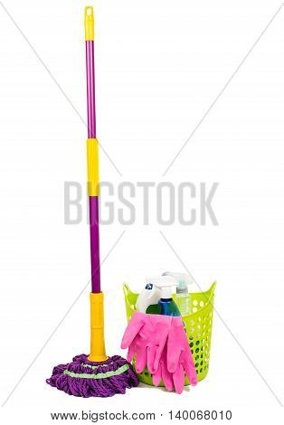 Mop plastic bucket and rubber gloves isolated on white