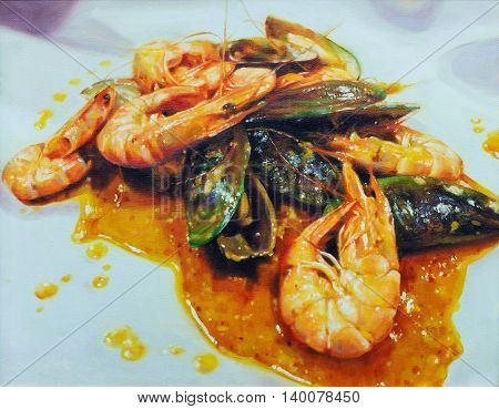 Oil painting on canvas of "The Fried Shrimp and Mussels with Oyster".