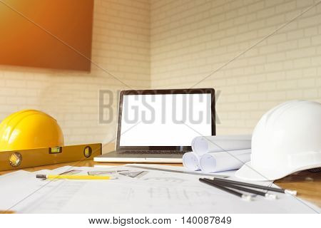 Business architect desk engineering concept architecture concept soft focus vintage tone
