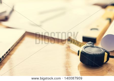 architect desk engineering concept architecture concept soft focus vintage tone with copy space