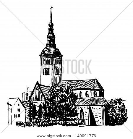 drawing cityscape view of Tallinn sketch hand-drawn graphic black vector illustration