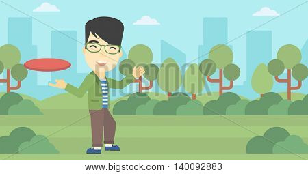 An asian sportive man playing flying disc in the park. Man throwing a flying disc. Sportsman catching flying disc outdoors. Vector flat design illustration. Horizontal layout.
