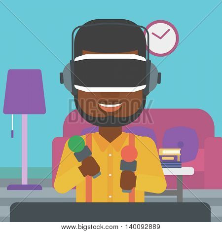 An african-american man wearing virtual reality headset and holding motion controllers in hands. Man playing video games in apartment. Vector flat design illustration. Square layout.