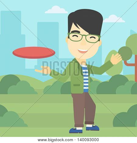 An asian sportive man playing flying disc in the park. Man throwing a flying disc. Sportsman catching flying disc outdoors. Vector flat design illustration. Square layout.