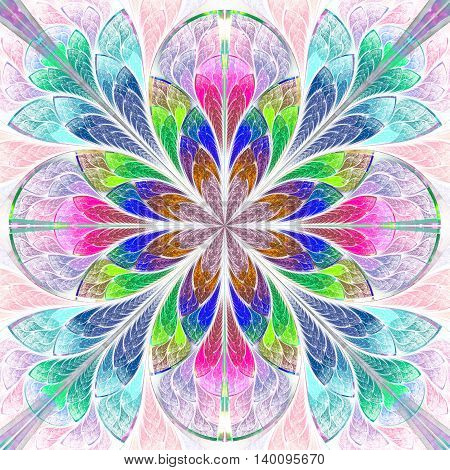 Multicolored symmetrical fractal flower in stained-glass window style. You can use it for invitations notebook covers phone cases postcards cards wallpapers and so on. Artwork for creative design.