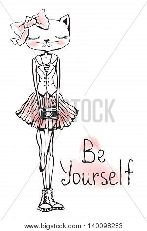 Romantic fashion kitty girl hipster with photo camera