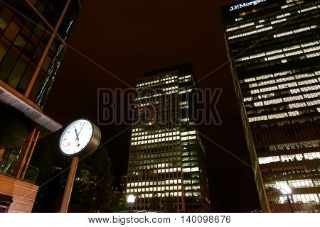 LONDON UK - JULY 1 2014: Canary Wharf located in West India Docks on Isle of Dogs once formed part of the busiest port in world. Now it is a major business district (1300000 sqm) in London.