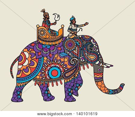 Indian ornate maharajah on the elephant. Vector illustration