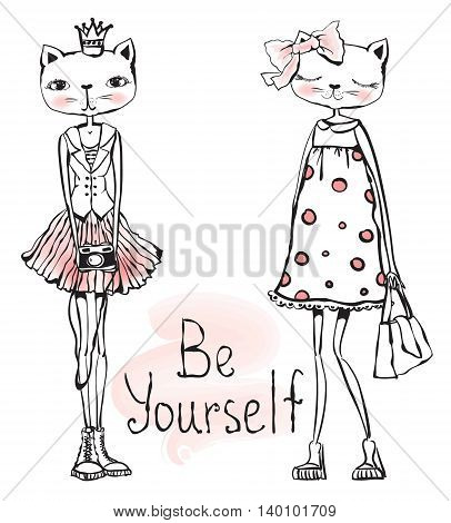 Romantic fashion kitty girl hipster with photo camera