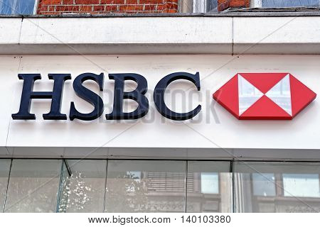 LONDON - JULY 1 2014: HSBC Bank branch in London United Kingdom. It is the world's second largest bank. It was founded in London in 1991. HSBC exists since 1865.