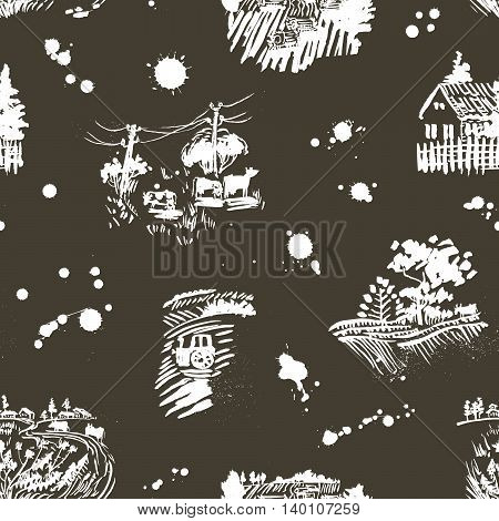 Seamless vector pattern with summer rural lanscape