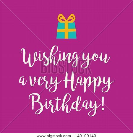 Cute Happy Birthday to You card with a handwritten text and a blue teal wrapped birthday gift with orange ribbon bow on a magenta pink background.