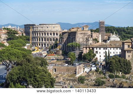 Rome Italy 18 June 2016. Colosseum Line C metro over ground construction. Rome metro is expanding with a third line that will cross Line B at Colosseo when complete.