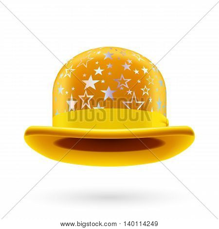 Yellow round bowler hat with silver glistening stars.