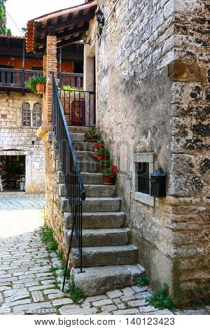Porec old town antient houses summer day