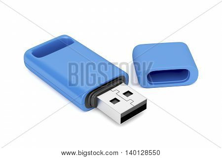 Blue usb flash drive on white background, 3D illustration