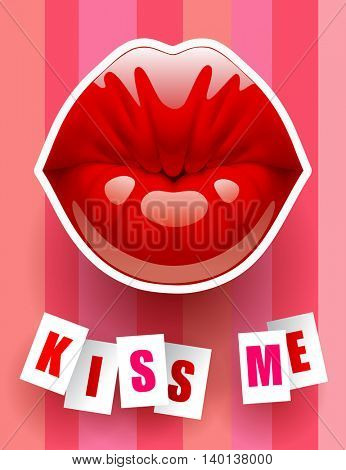 Female glossy kissing red lips with kiss me text. Valentine greeting card. 3D Illustration