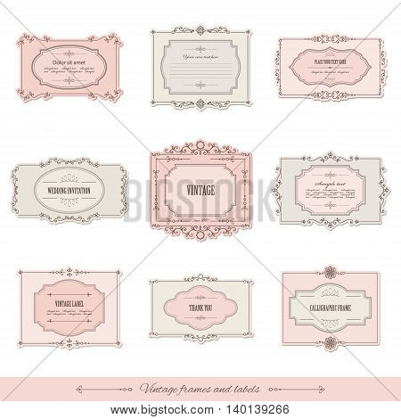 Vintage calligraphic frames and labels set. For invitation card, certificate, scrapbook, wedding design.