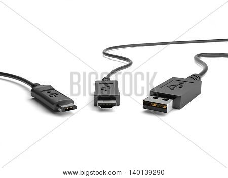 3D Illustration USB Cable Plugs on white background.