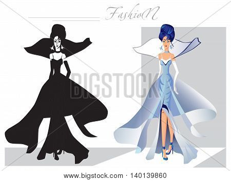illustration on white background silhouette fashionable women on the catwalk and color option