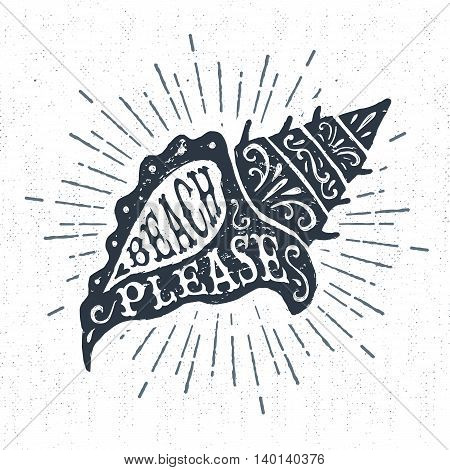 Hand drawn vintage label retro badge with textured conch seashell vector illustration and 