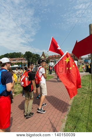 CRACOW POLAND - JULY 26 2016: World Youth Day 2016 - Pilgrims from China in the Sanctuary of Divine Mercy in Lagiewniki. Cracow Poland