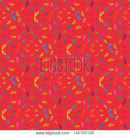 Doodles seashells background seamless pattern on red background