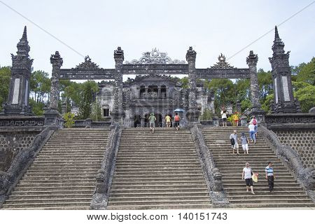 Hue, Vietnam - Jun 17, 2016: Tourist visiting Khai Dinh imperial tomb building, the most beautiful king's tomb in Hue. Imperial Royal Palace here is recognized World Heritage Site by UNESCO.