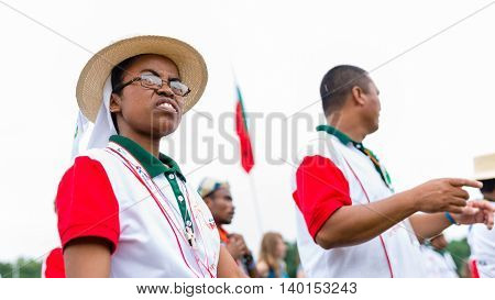 Poznan POLAND - JULY 24 2016: pilgrims praying dancing and singing during Days In Dioceses just before The World Youth Day in Krakow; WYD is a meeting of youth from all over the world